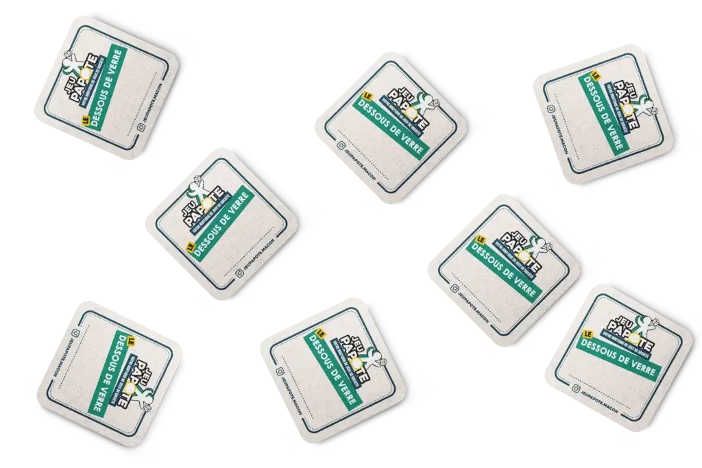 Sous-bocks Jeu Papote boutique jeux de société Mâcon, recto blanc avec logo