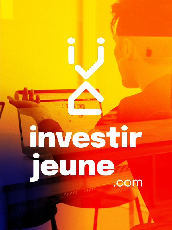 Déclinaison verticale logo Investirjeune.com – identité visuelle fintech sur dégradé orange-rouge avec silhouette jeune investisseur