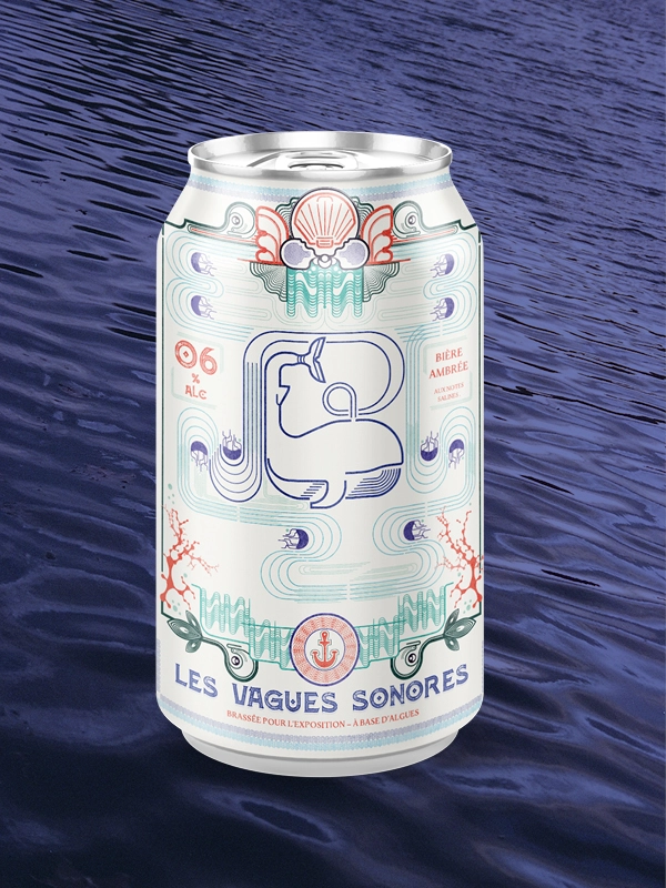 Packaging canette Les Vagues Sonores – déclinaison identité visuelle bière ambrée aux notes d'algues avec illustration marine détaillée