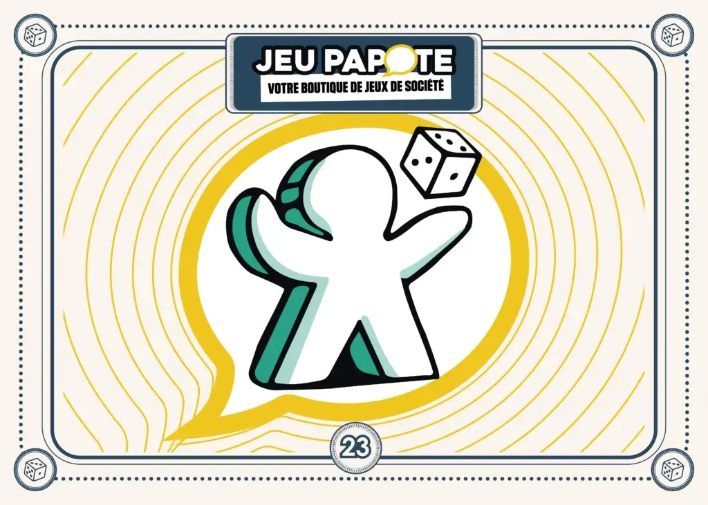Carte Jeu Papote recto avec meeple et dé, conception graphique boutique jeux de société Mâcon.